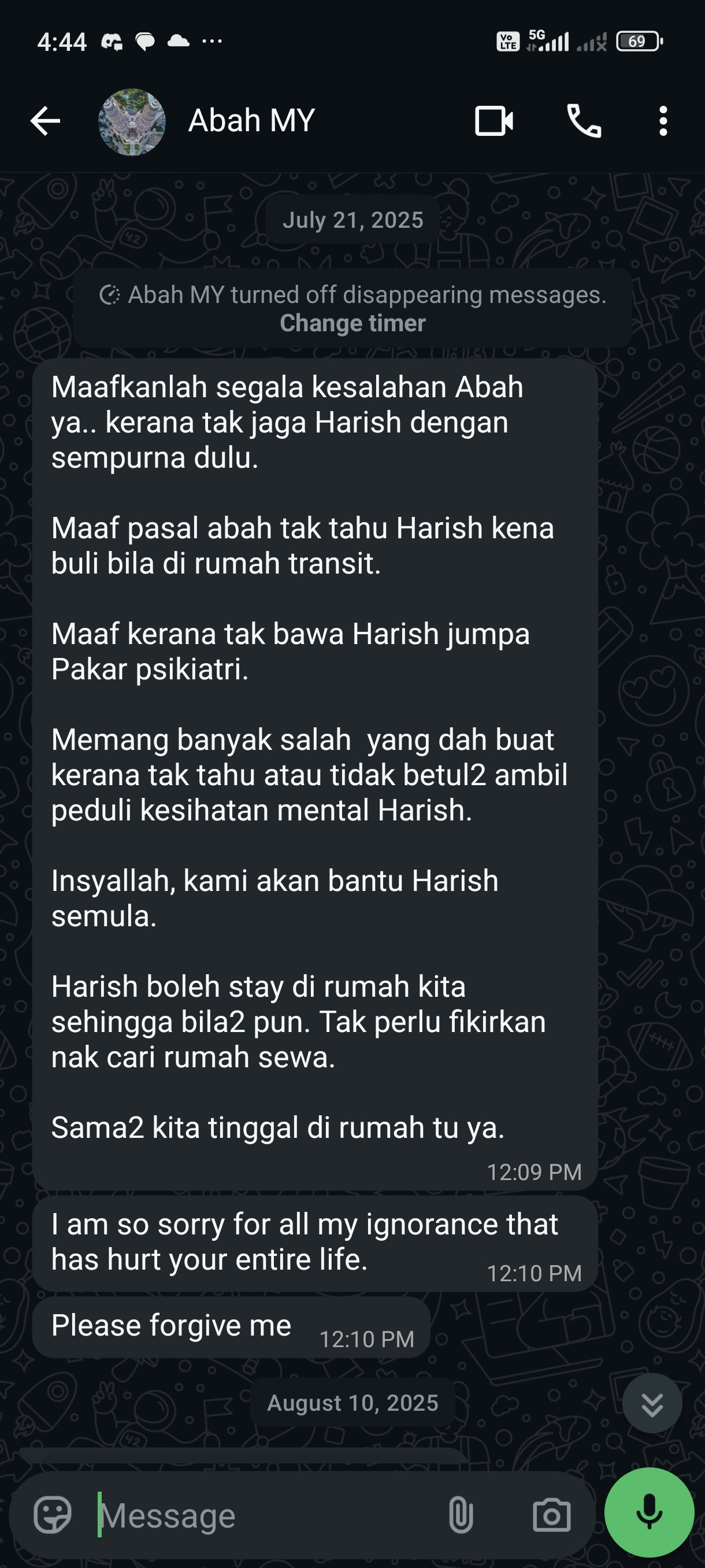 My father's addmision of guilt on WhatsApp.